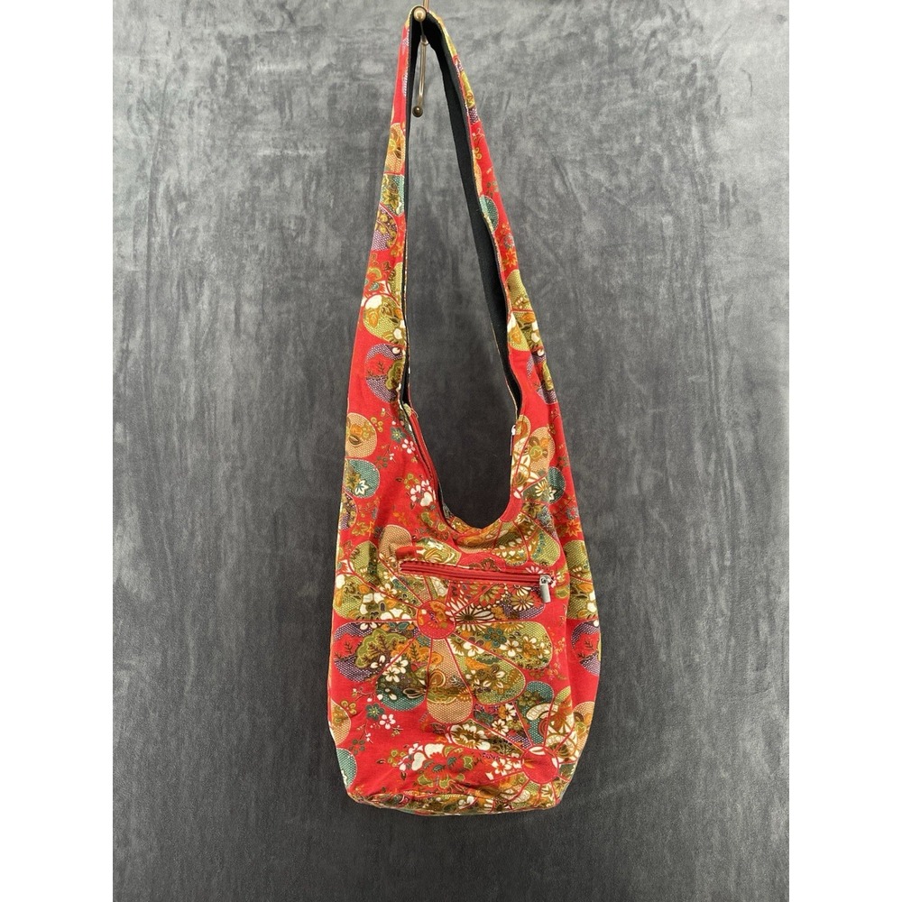 Boho Floral Crossbody Hobo Bag Red Cotton Hippie Festival Shoulder Purse
